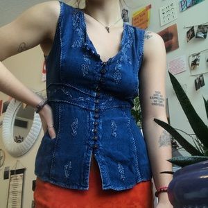 DEVI “denim” embroidered button up top